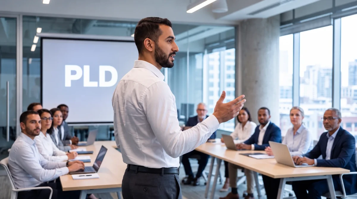 Instructor imparte capacitación PLD a un equipo de trabajo en una sala de juntas con presentación