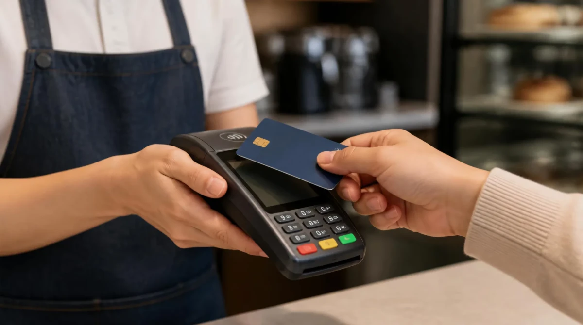 Pago con tarjeta sin contacto en la terminal punto de venta de un comercio