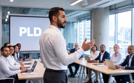Instructor imparte capacitación PLD a un equipo de trabajo en una sala de juntas con presentación