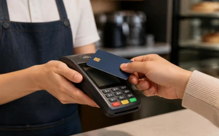 Pago con tarjeta sin contacto en la terminal punto de venta de un comercio